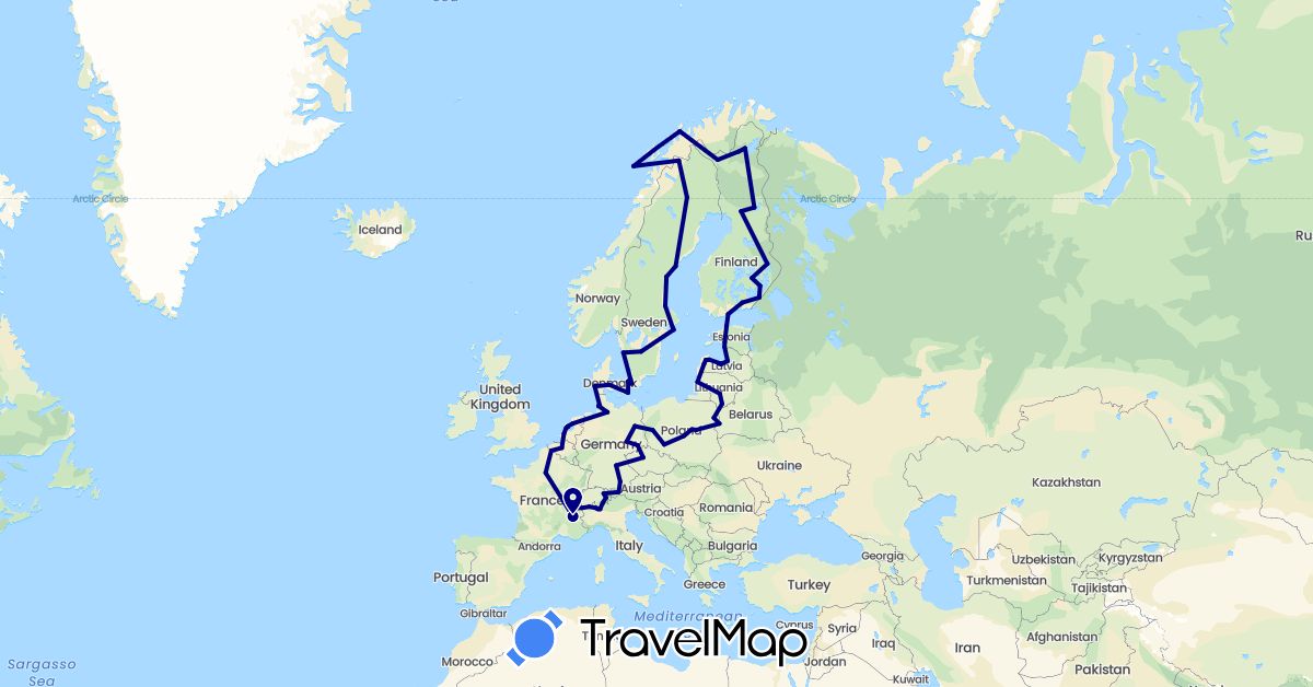 TravelMap itinerary: driving in Austria, Belgium, Switzerland, Czech Republic, Germany, Denmark, Estonia, Finland, France, Italy, Liechtenstein, Lithuania, Latvia, Netherlands, Norway, Poland, Sweden (Europe)